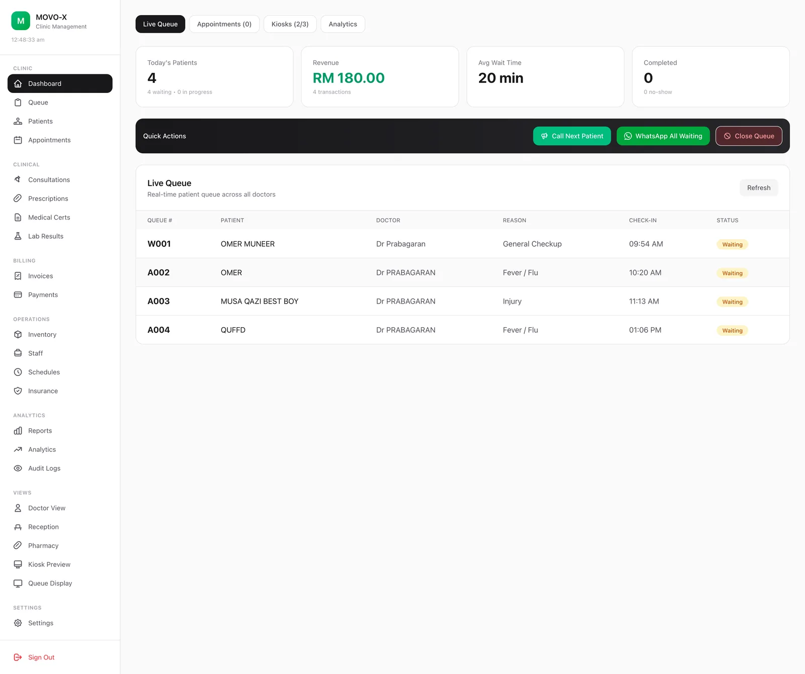 MOVO-X clinic dashboard with live queue