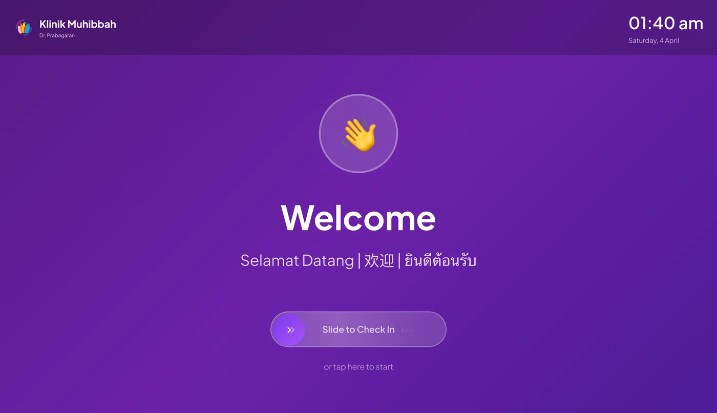 MOVO-X kiosk welcome screen at Klinik Muhibbah